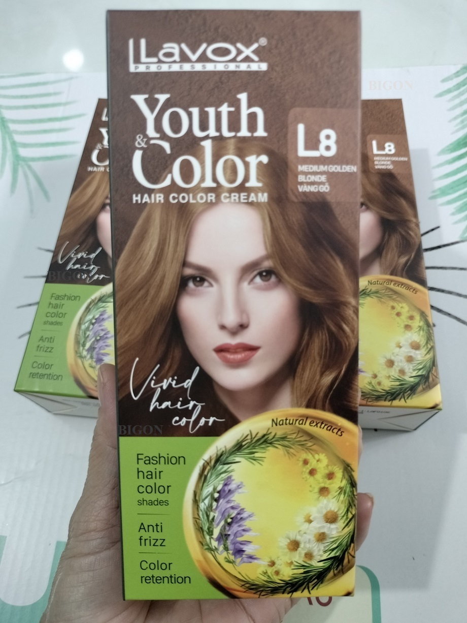 (Vàng Gỗ) Kem Nhuộm Dưỡng Tóc Màu Thời Trang Lavox Youth&amp;Color L8 - Medium Golden Blonde