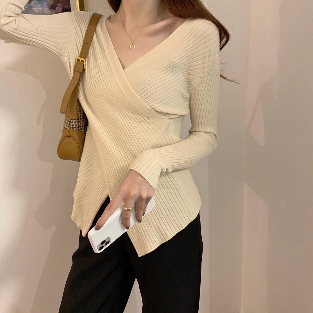 Áo sweater dệt kim cổ chữ V duyên dáng thời trang cho nữ 2186162