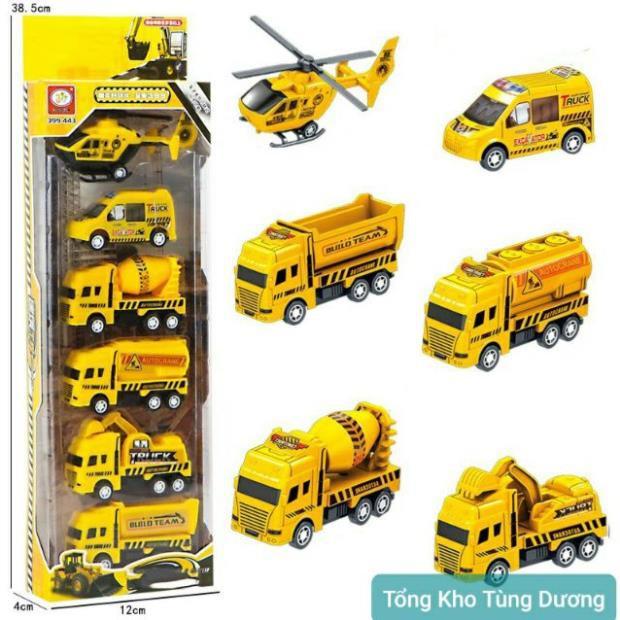 Set 6 ô tô mô hình công trình xây dựng, xe môi trường ,xe quân đội, xe cứu hỏa cho bé