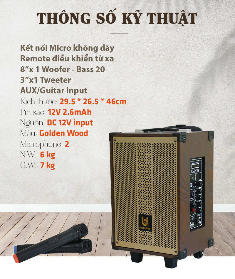 [ KÈM 2 MICRO ] Loa Kéo Gỗ Bluetooth BD-9080 NEW Cao Cấp, Tay Xách Kim Loại, Bass 20cm, Công Suất 30W - Hàng Chính Hãng