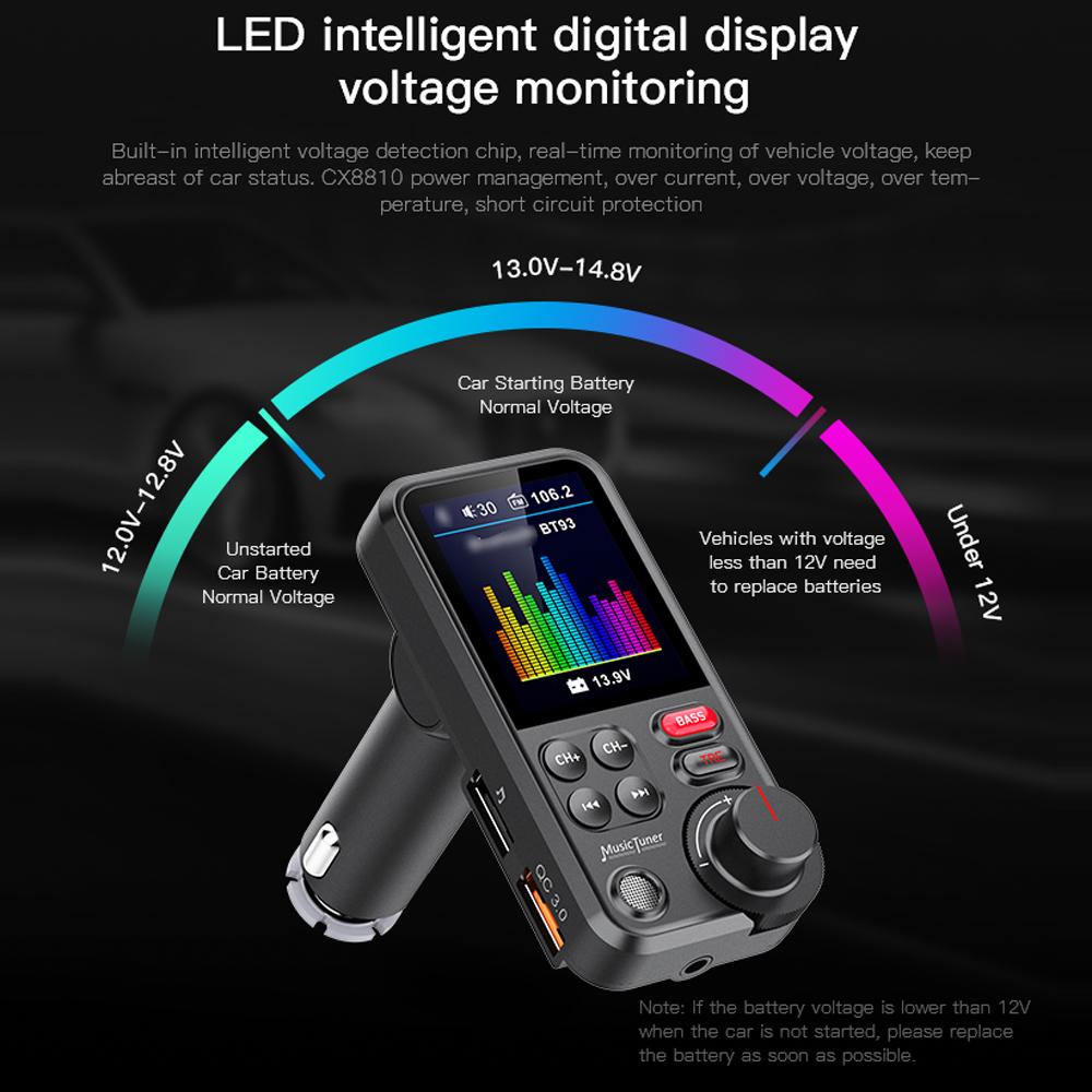 Car BT MP3 Player FM Transmitter Dual USB Car Charge Adapter with 1.8 Inch Color Display Support Hands-Free Calling U-Disk/TF Card Playback Voice Assistant Treble/Bass Adjustable Voltage Display