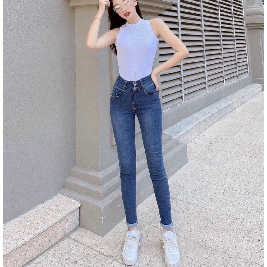 Quần Jean Nữ lưng Cao 2 Nút Co Giãn Màu Xanh CƠ BẢn