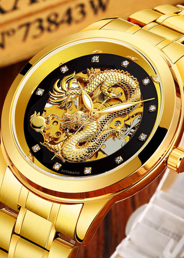 Đồng hồ cơ thời trang nam chạm rồng vàng nổi 3D