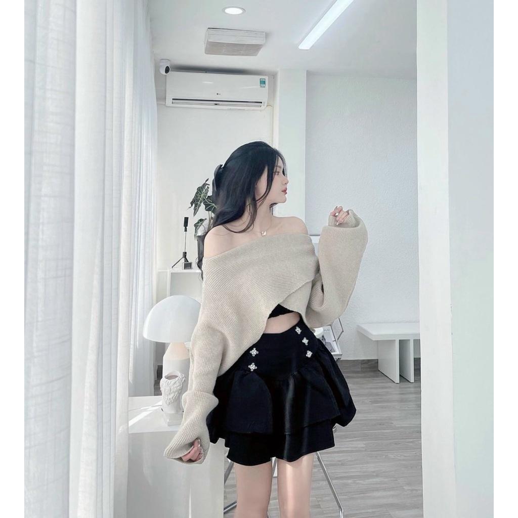 Sét 3 món áo đắp chéo kèm áo crop đen cúp ngực phối chân váy 2 tầng đính cườm