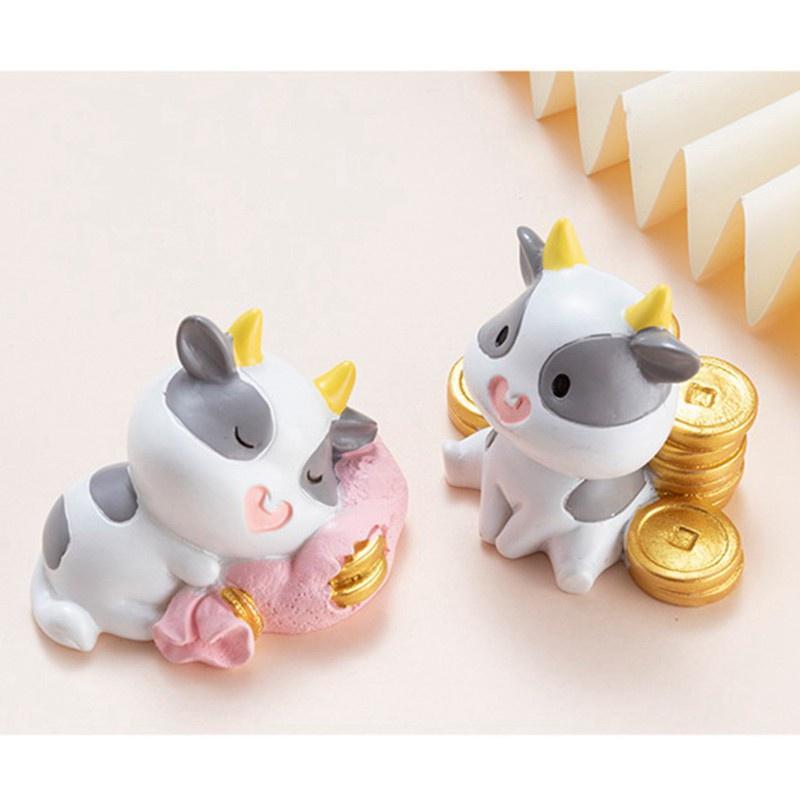 4Pc Year of the Ox Figures Cute Cow Resin Miniature Ornament Wealth Luck Yuan Bao Fairy Garden Mini Landscape Ornaments