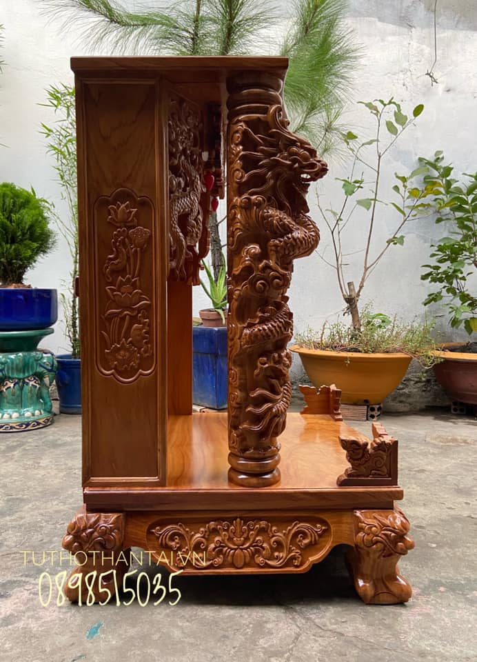 Bàn thờ thần tài ông địa mẫu Rồng Phun Lửa cao cấp 68 x 68 x 108CM, cột Rồng 14cm