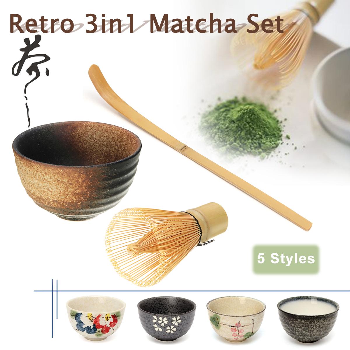 Retro 3in1 Bamboo Chasen Matcha Whisk Chashaku Trà Scoop Matcha Bát Gốm Trà Bát Nhà Bếp Trà Công Cụ Thiết Lập Trà phụ kiện