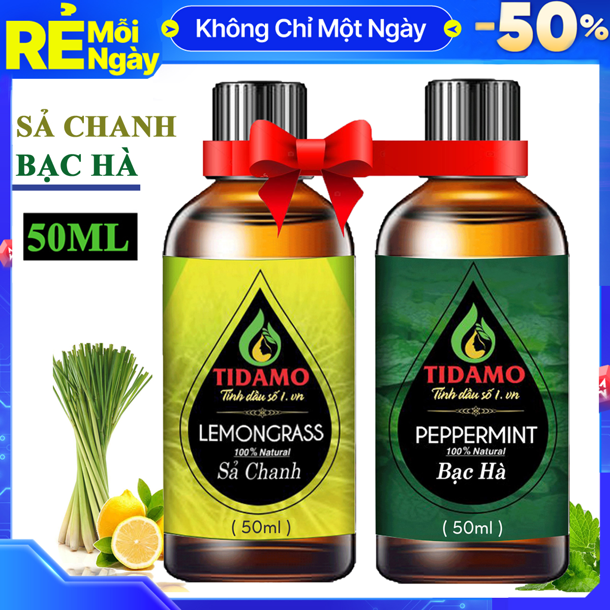 Combo 2 Tinh Dầu Sả Chanh 50ML + Tinh Dầu Bạc Hà 50ML TIDAMO - Tinh Dầu Thiên Nhiên Nguyên Chất (Lemongrass + Peppermint) Giúp Thư Giãn, Đuổi Muỗi, Thơm Phòng và Nâng Cao Sức Khỏe - Thích Hợp Dùng Với Máy Xông Tinh Dầu