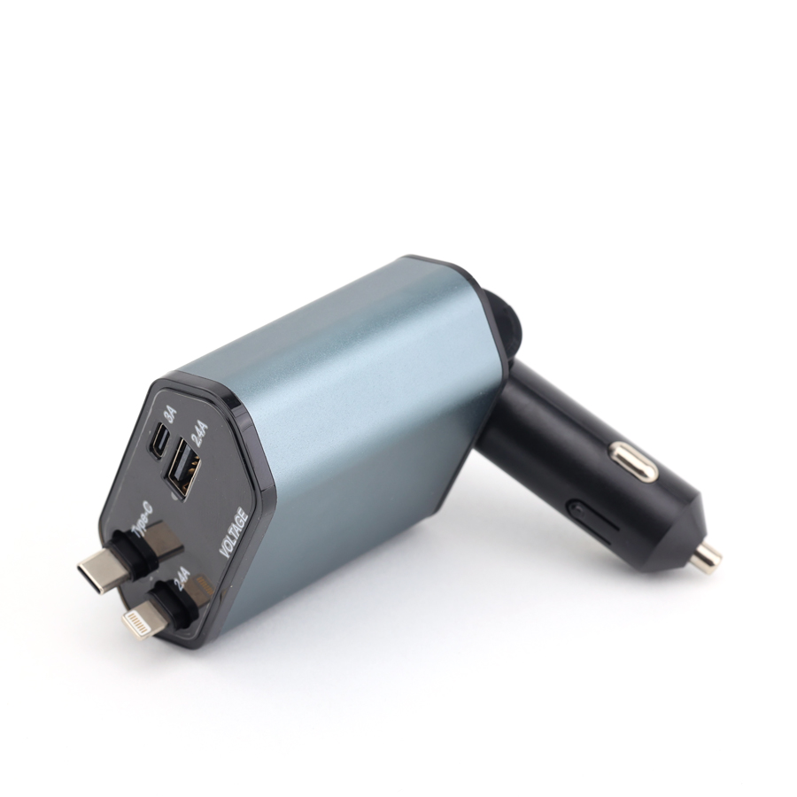 Tẩu Sạc Nhanh C1 Dây Rút Tự Động 4 in 1 USB Type-C Và Lightning Đa Năng Vỏ Hợp Kim Cao Cấp - Nhập Khẩu Chính Hãng