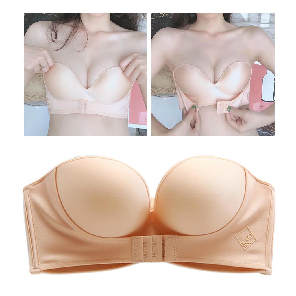 Women's Lift Strapless Bra Front Buckle Bralette Invisible Wirefree Anti-Slip Push Up Underwear 3/4 Cup