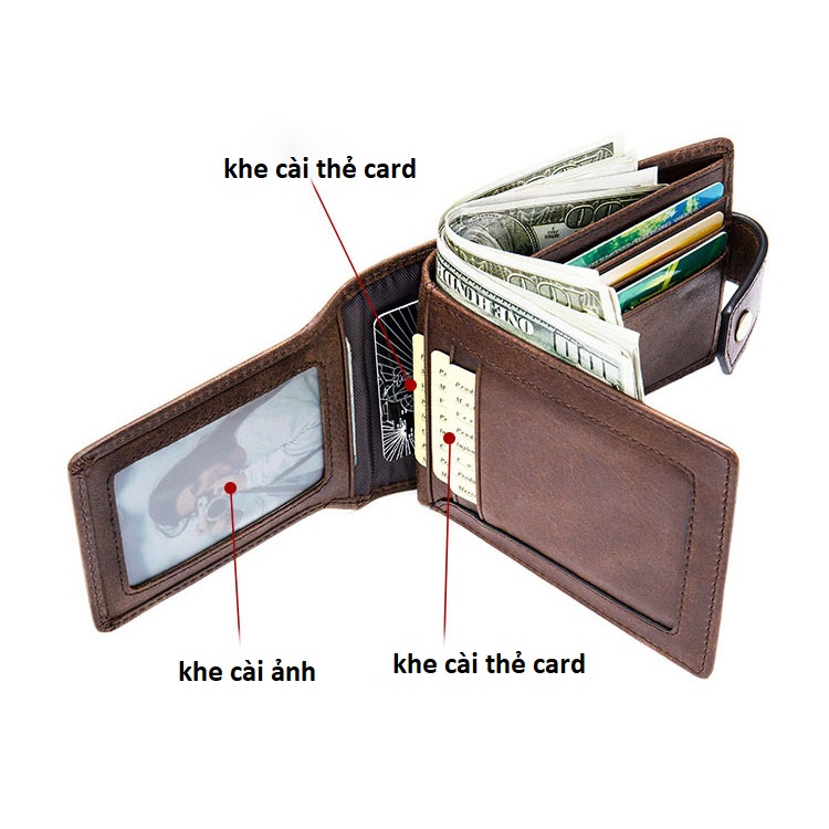Ví nam ngang cúc bấm BHM7325 Da bò thật, chống RFID