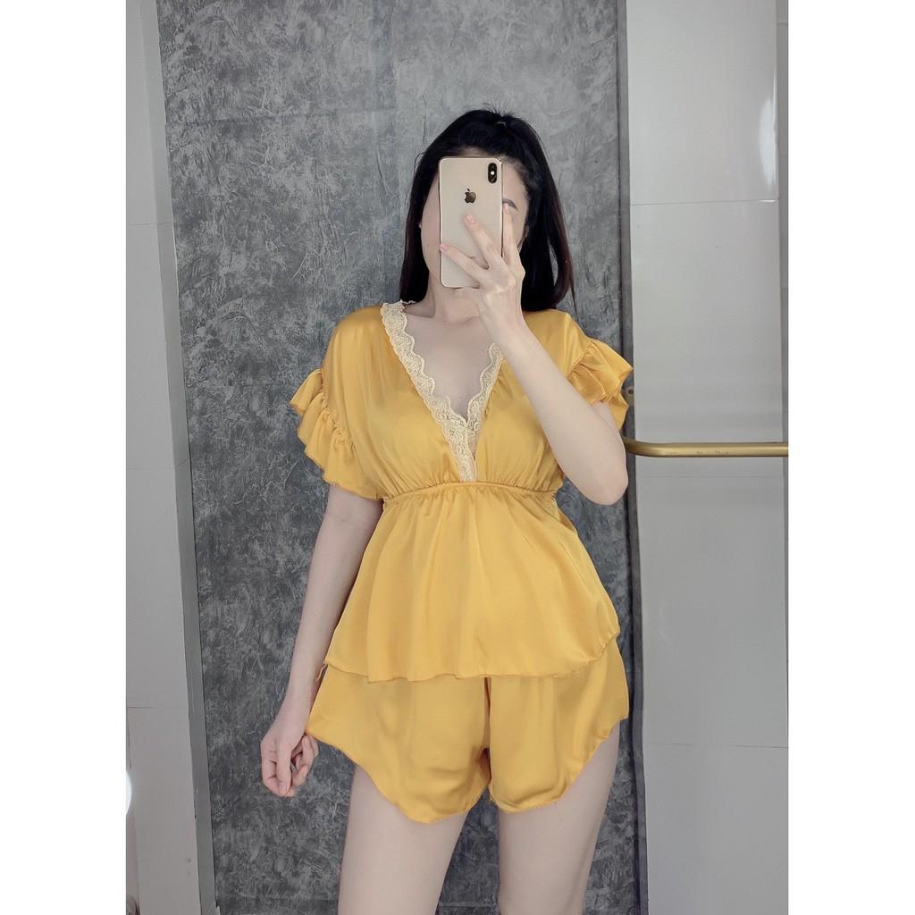 Đồ ngủ sexy áo cổ V quần đùi chất satin mặc ngủ thoải mái freesize