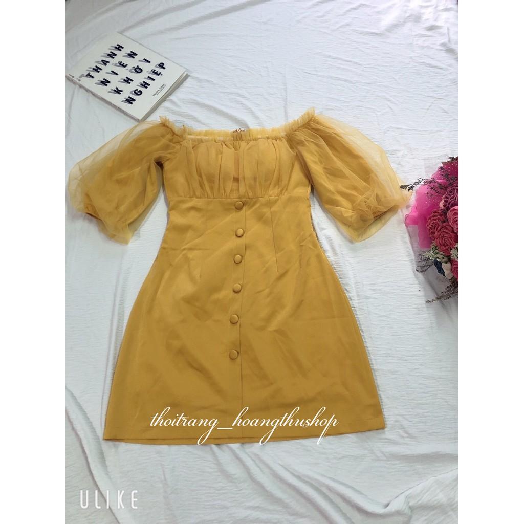 - Đầm dự tiệc vàng tay bồng tiểu thư trễ vai nút bọc siêu xinh tôn dáng - Chất Vải Đẹp, Thoải Mái