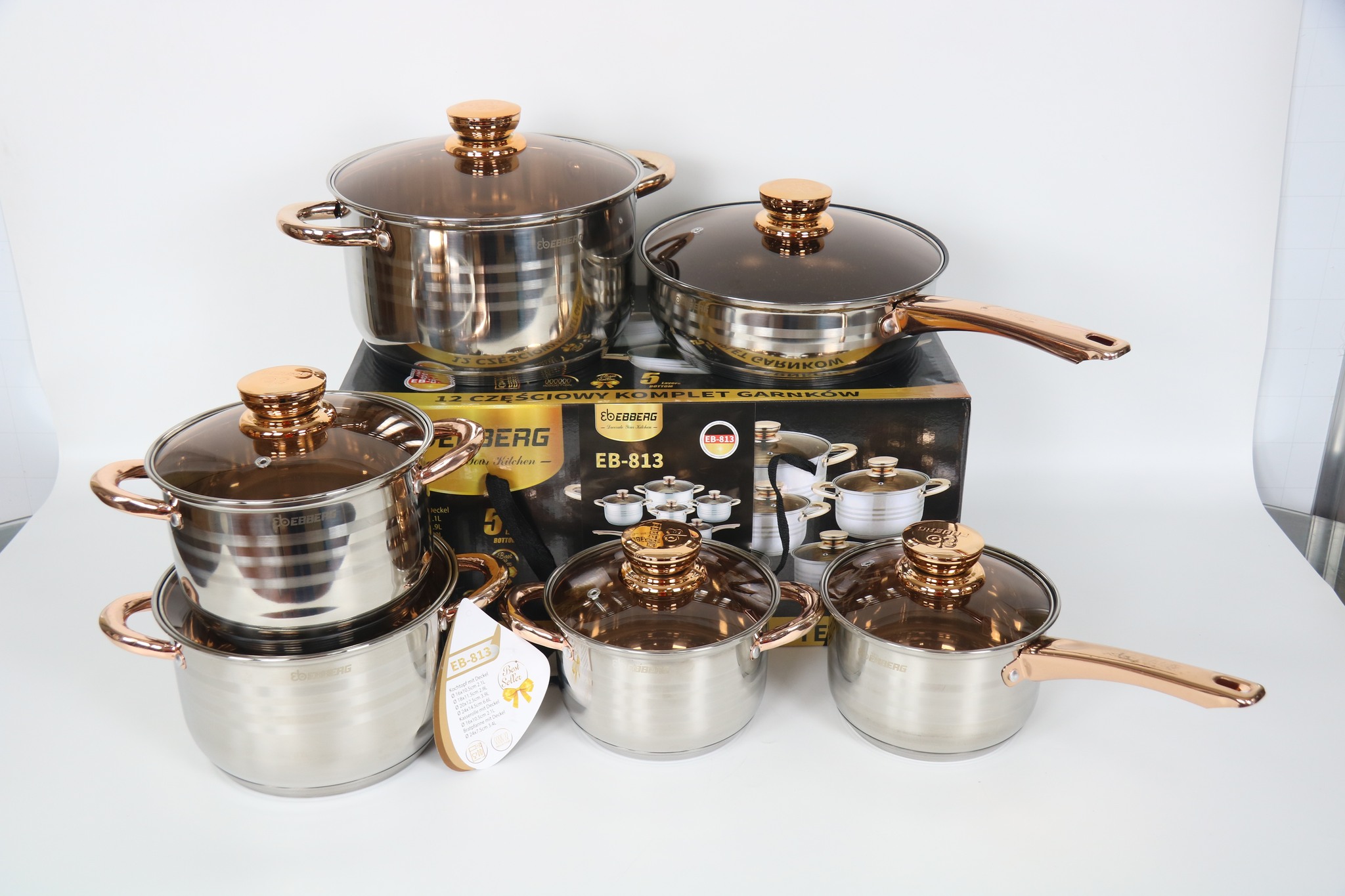 Bộ 6 Nồi Chảo Inox 5 Đáy Eb EBBERG EB-813 (EB-8013/EB8013B/EB-811) Dùng Mọi Bếp - Hàng Chính Hãng