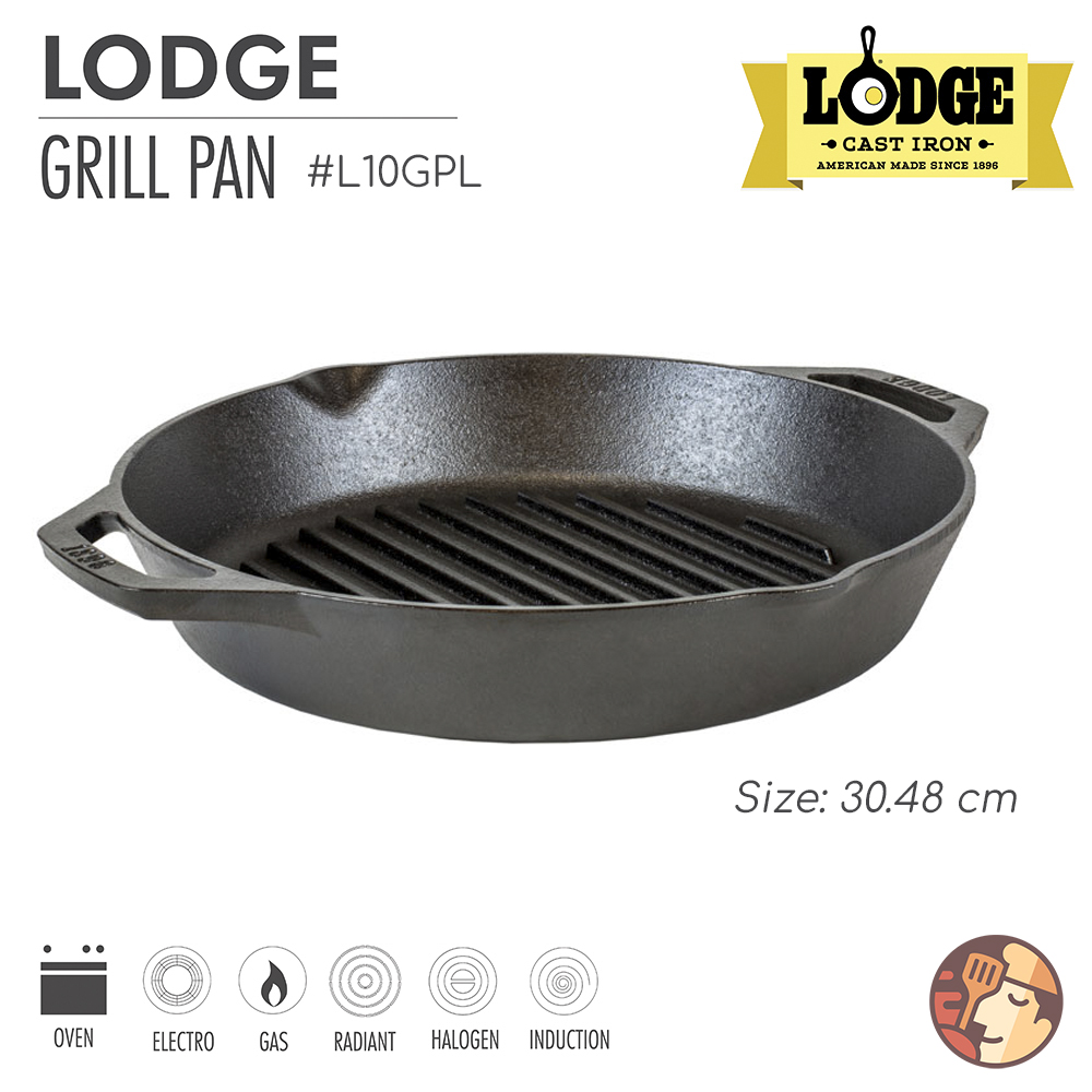 Chảo gang nướng Lodge hai tay cầm có rãnh tròn 30.48 cm L10GPL, chống dính tự nhiên, dùng được cho mọi loại bếp và lò nướng