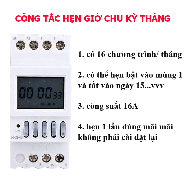 [TIMER CHU KỲ THÁNG] công tắc hẹn giờ bật tắt điện tự động NKG5 16 chương trình / tháng- timer hẹn giờ theo tháng