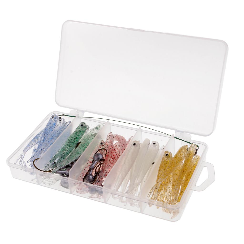 50pcs Soft Plastic Bass Fishing Lure Bait with Jig Head Worm Hooks Lure Box