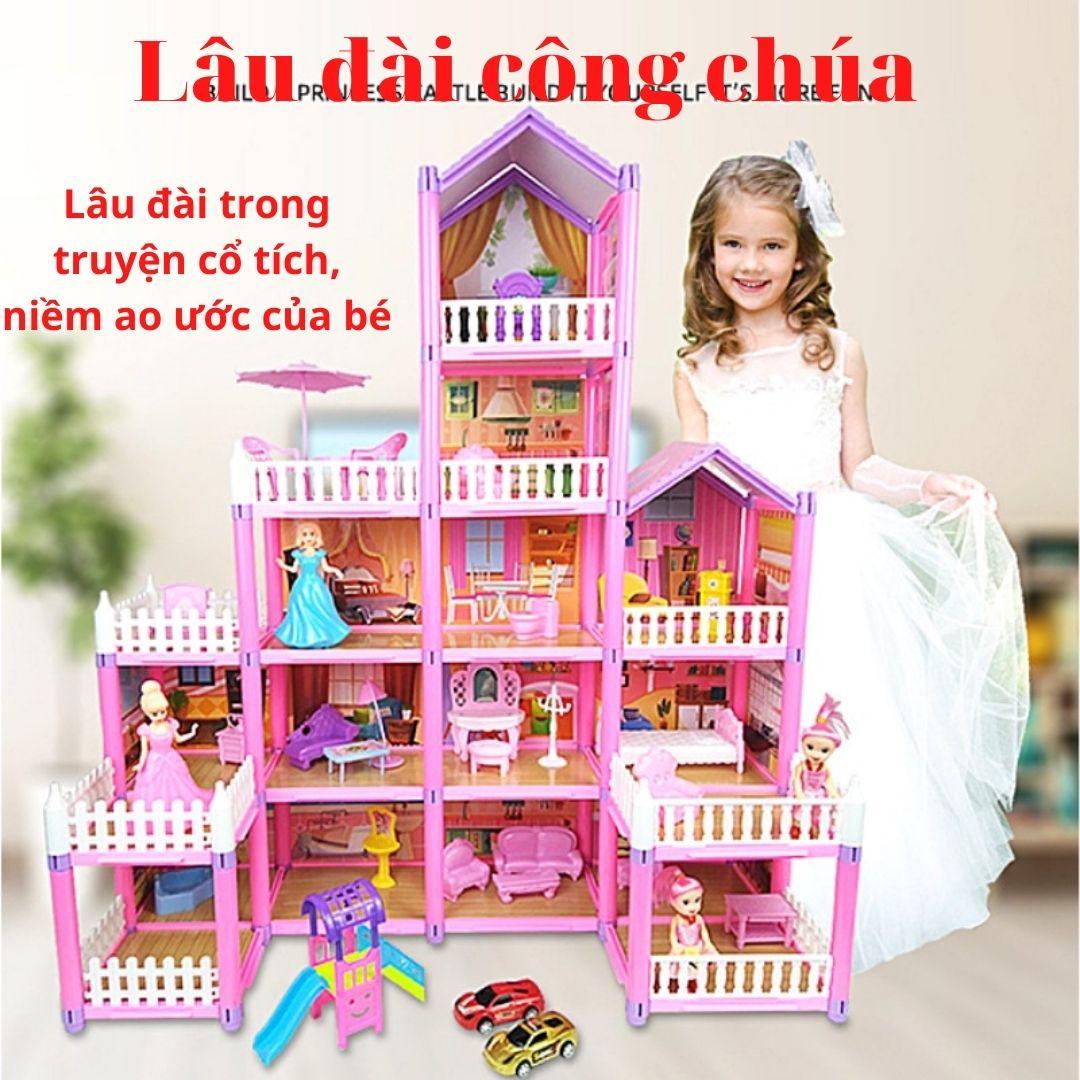 Biệt thự lắp ráp lâu đài công chúa màu hồng đồ chơi bé gái quà tặng sinh nhật