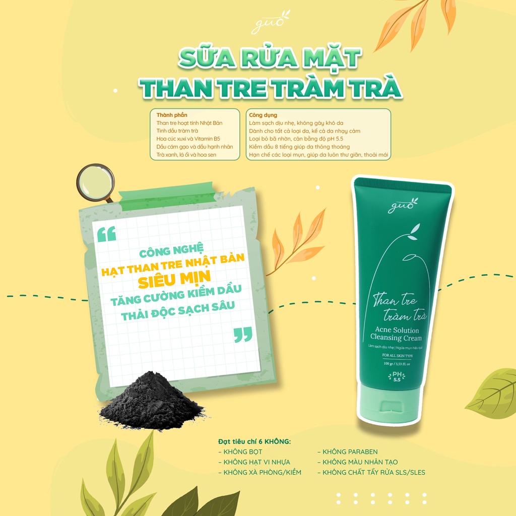 Sữa Rửa Mặt Than Tre An Toàn Cho Bà Bầu GUO - Không Sulfate Kiềm Dầu 8 Tiếng, Ngăn Ngừa Mụn Hiệu Quả 100g