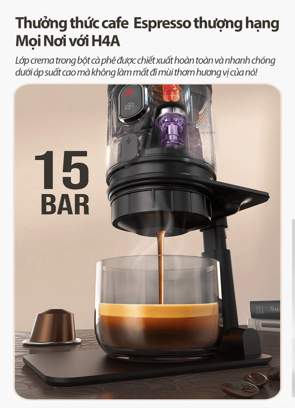 Máy pha cà phê mini HiBREW H4A cầm tay 3 trong 1 sử dụng mọi nơi, pha cafe espresso, cà phê viên nén, nóng và lạnh, hàng chính hãng