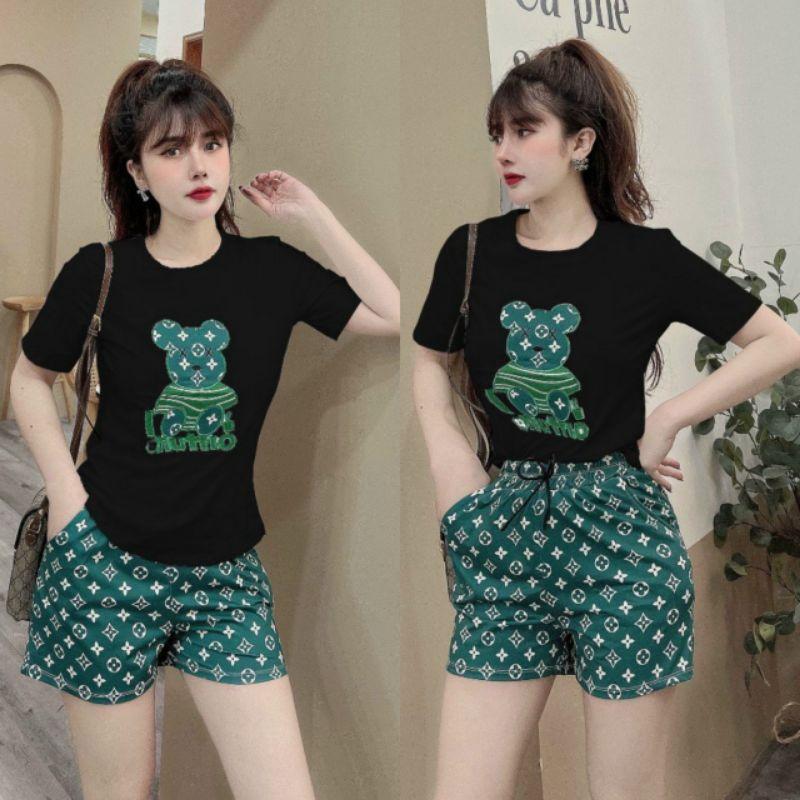 Bộ đồ đùi nữ thêu hình gấu siêu xinh thun cotton 100% mát mịn