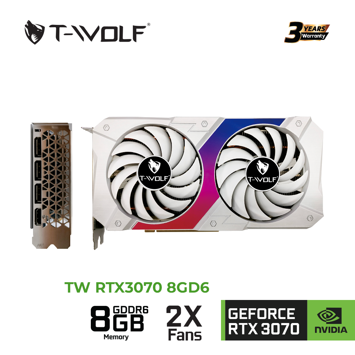 VGA T-WOLF TW-RTX3070 8G D6 (RTX3070/8GB/GDDR6/256bit/HDMI-DP*3/2Fan/8pin*2) - Hàng Chính Hãng
