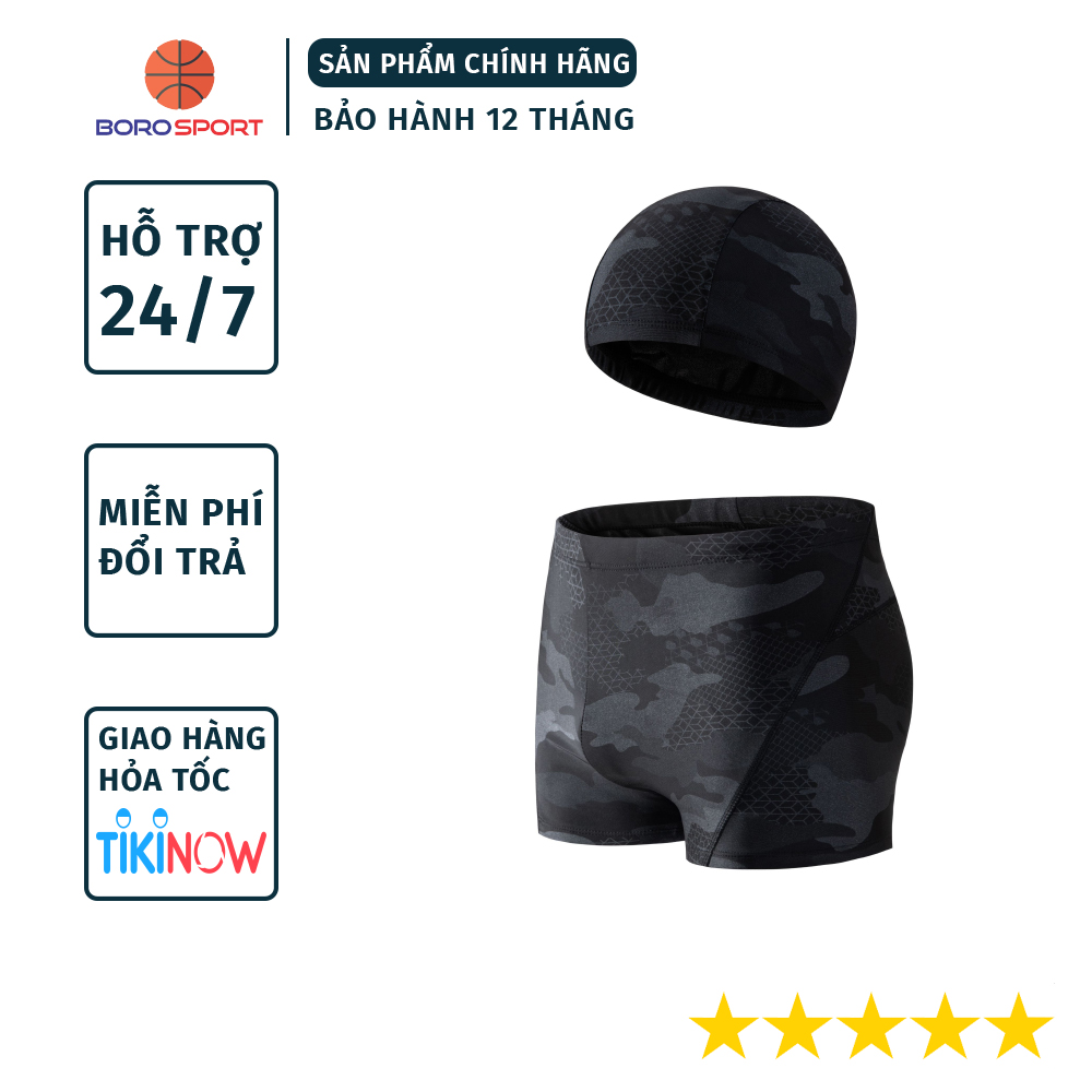 Quần bơi nam boxer  Cleacco màu đen Camo , chất vải  Poly co giãn 4 chiều , thoáng khí , thoát nước nhanh BORO SPORT - Tặng nón bơi vải