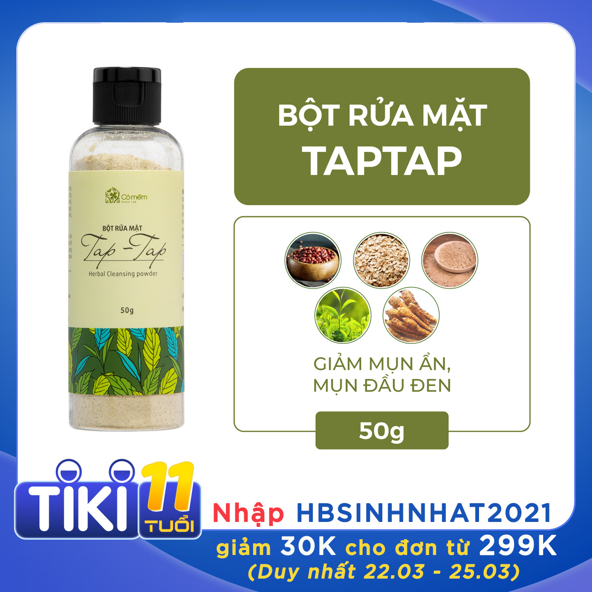 Bột rửa mặt Thảo mộc TAP TAP Từ Bột Đậu Đỏ Trà Xanh Yến Mạch Cám Gạo Giảm Mụn Ẩn Mụn Cám Mụn Đầu Đen An Toàn Từ Thiên Nhiên Cỏ Mềm 50g