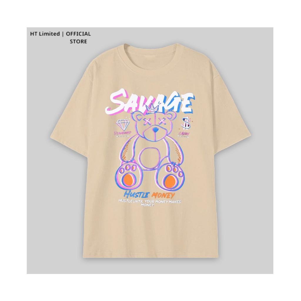 Áo thun tay lỡ thiết kế Unisex họa tiết gấu savage basic local brand HT Limited, 100% Cotton Cao Cấp dày mát