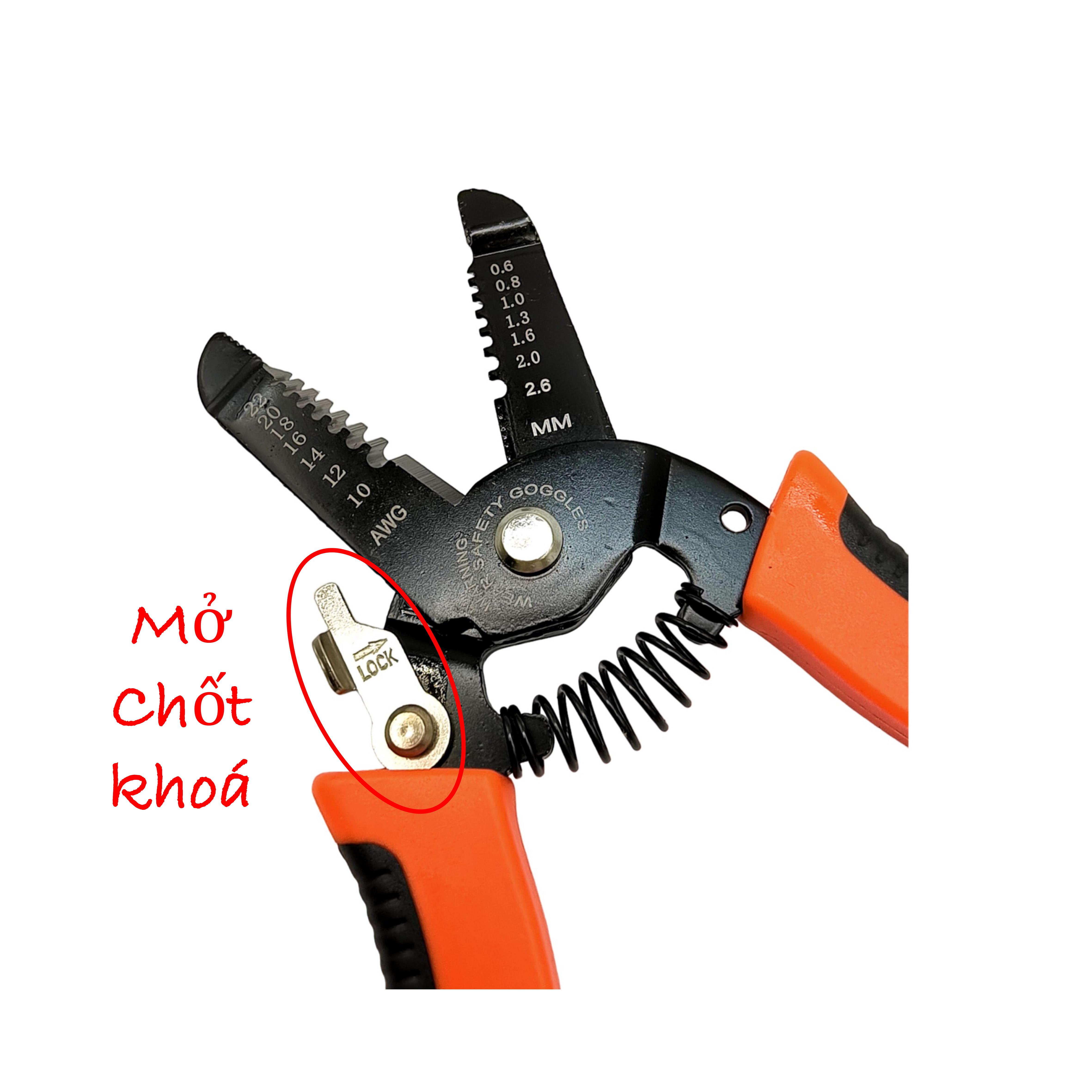Kìm tuốt dây, kìm tuốt dây điện, kìm chính hãng cao cấp, mũi kìm tròn có chốt gài an toàn khi sử dụng