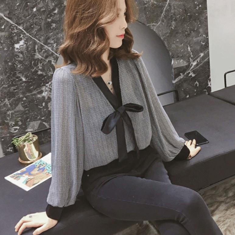 Áo sơ mi nữ thắt nơ tay dài form rộng kiểu Hàn Quốc