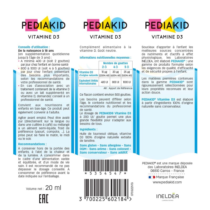 Vitamin D3 Thuần Pediakid Cho Trẻ Sơ Sinh Giúp Bé Ngủ Ngon, Tăng Hấp Thu Canxi, Ngừa Còi Xương (Hộp 20ml)