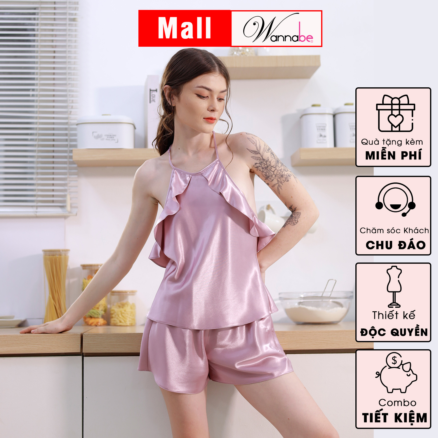 Đồ bộ mặc nhà WANNABE BSS22 đồ bộ quần sọt mặc với áo cổ yếm phối bèo gợn sóng lưng áo cut out trang trí dây khoe lưng