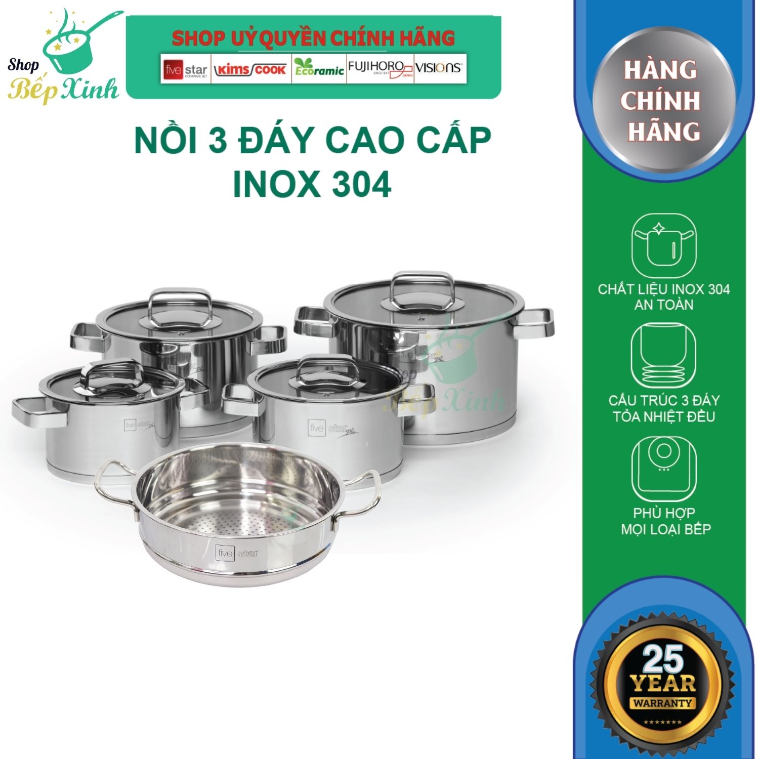 Combo Bộ nồi inox và xửng hấp Fivestar 5 món nắp kính ( 1nồi 16cm x1nồi 18cm x1nồi 20cm x1nồi 24cm x 1thân xửng 24cm)