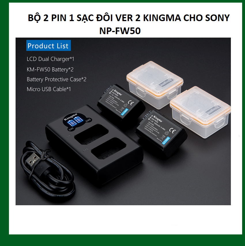 BỘ 2 PIN 1 SẠC ĐÔI VER 2 KINGMA CHO SONY NP-FW50 - HÀNG CHÍNH HÃNG