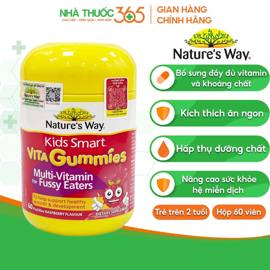 Kẹo Dẻo Cho Bé Nature's Way Kids Smart Vita Gummies Multi Vitamin for Fussy Eaters Kích Thích Ăn Ngon - Hộp 60 Viên