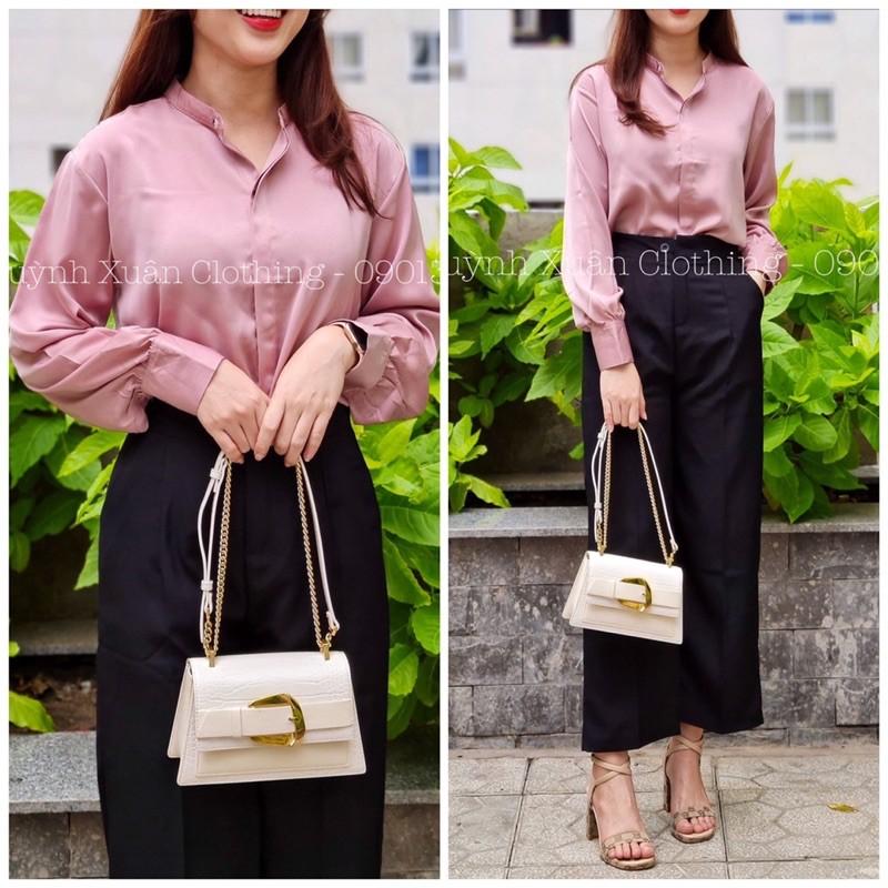 Áo somi lụa ánh nhung màu hồng + quần tây giành cho các cô gái công sở sang chảnh