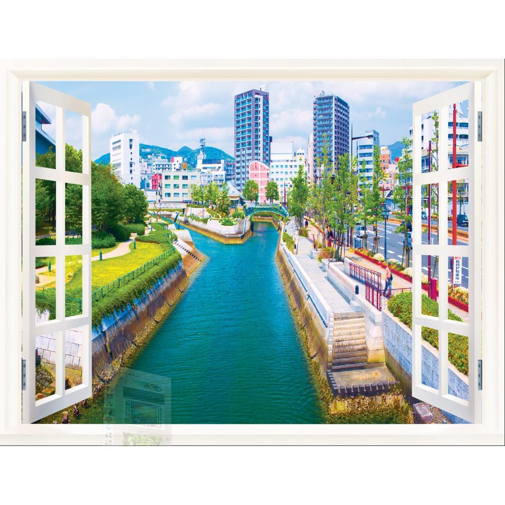 Tranh dán tường 3D cửa sổ phong cảnh thành phố - VẢI LỤA phủ kim sa