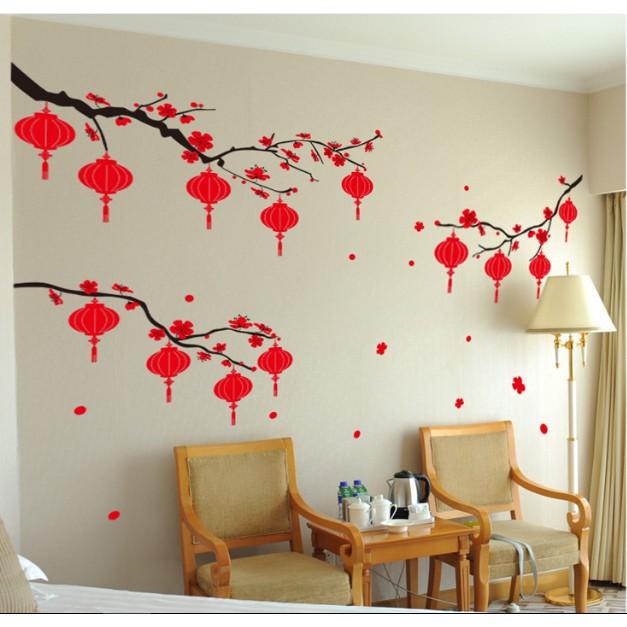 Decal trang trí tết - 3 Cành Mai đỏ lồng đèn size lớn