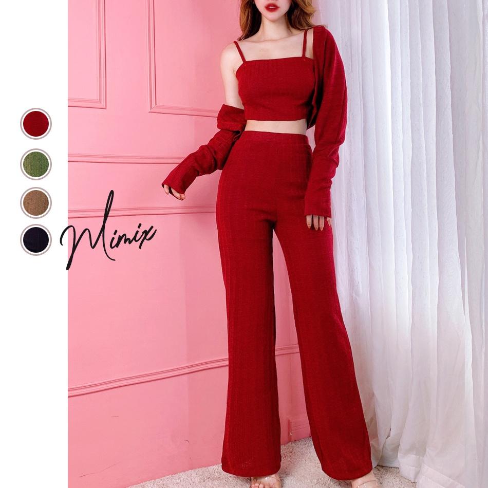 Set len áo croptop 2 dây quần dài MIMIX kèm áo khoác ngoài BS2230