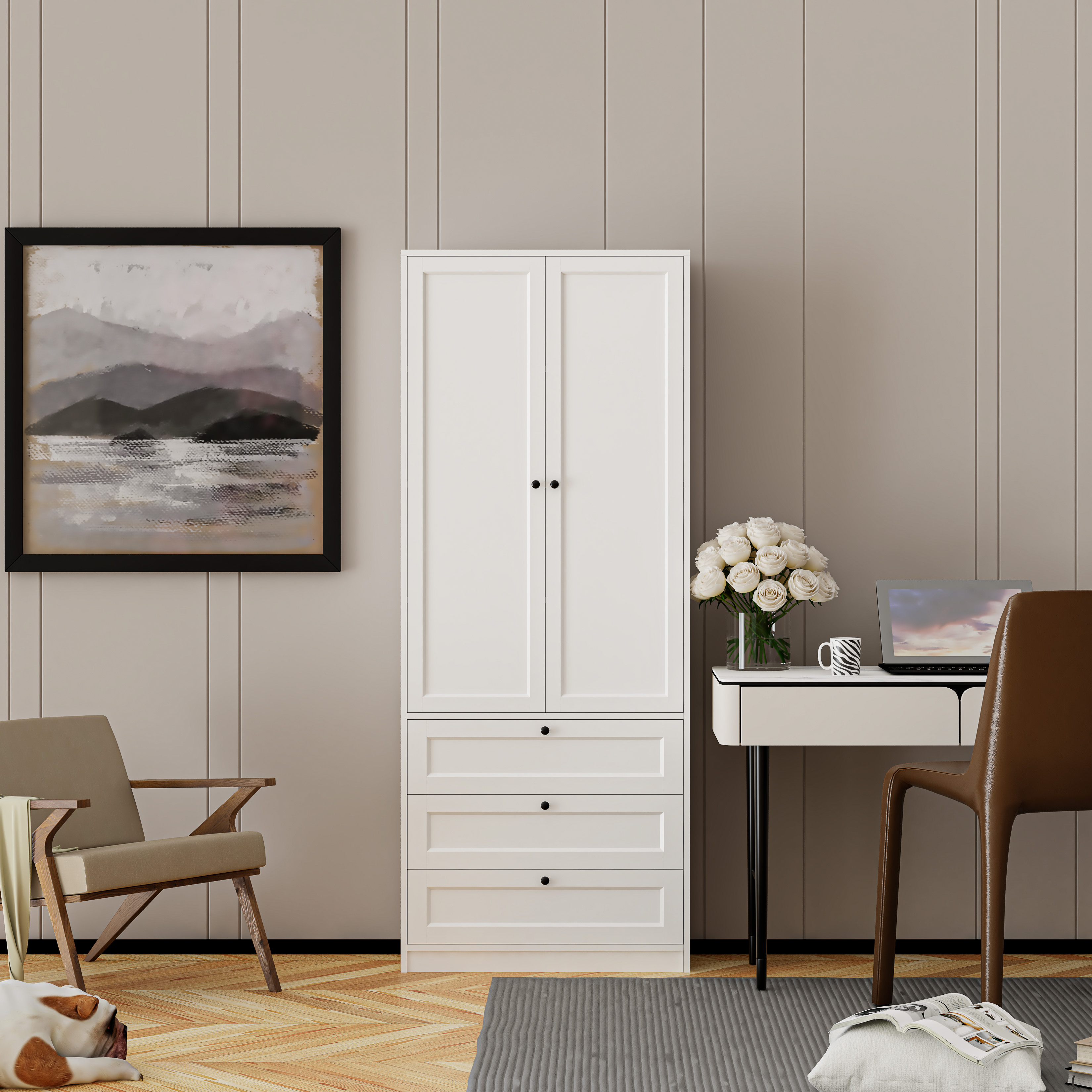 HAPPY FURNITURE , MATTA - Kệ sách 6 tầng 3 ngăn kéo 2 cửa mở , KSA_069 , 80cm x 28cm x 200cm DxRxC