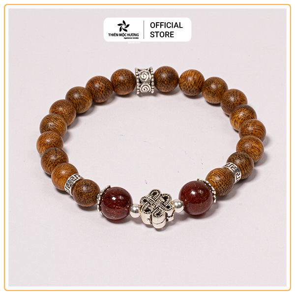 Vòng tay trầm hương tự nhiên Đồng Tâm Song Hỷ - Charm bạc 925 và đá Phong Thủy - An lành, hạnh phúc - Trầm Tốc Việt Nam - Thiên Mộc Hương