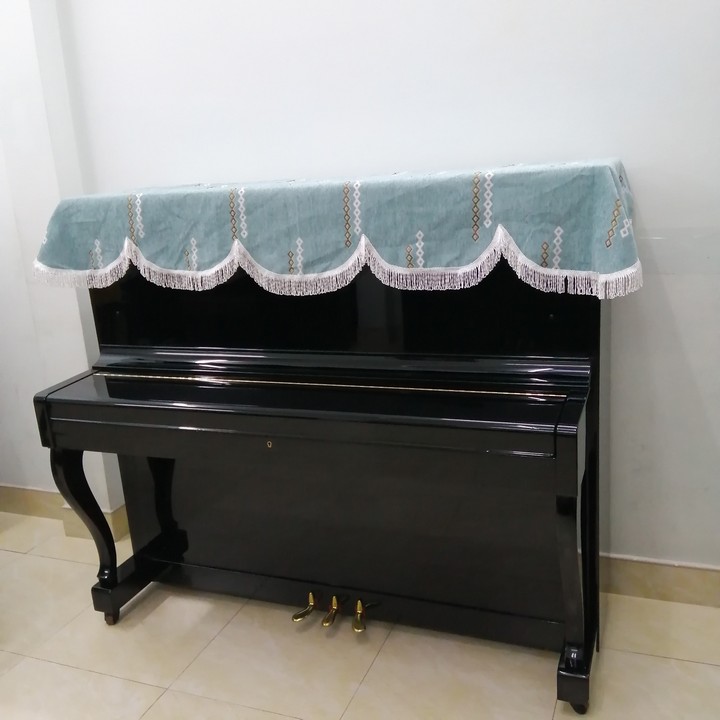 KHĂN PHỦ ĐÀN PIANO CƠ MÀU XANH VẢI DÀY MỀM MỊN PHỐI TUA RUA HỌA TIẾT HÌNH THOI