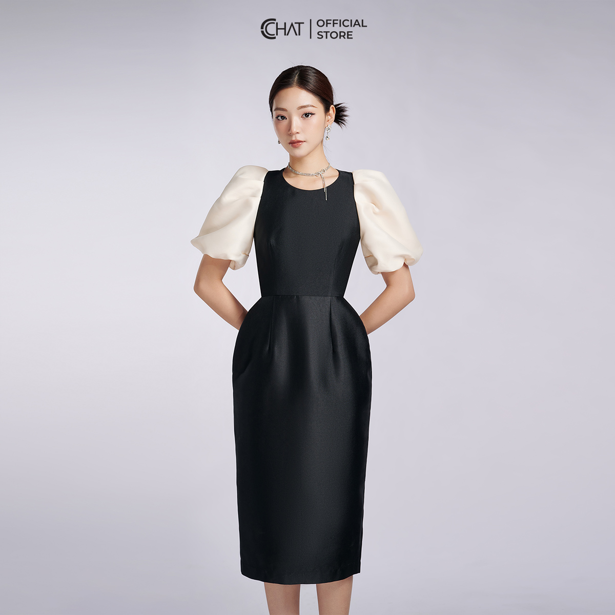 Đầm Nữ  Phối Tay Bom cổ Tròn Chất Tafta Cao Cấp 62VNB8016OT