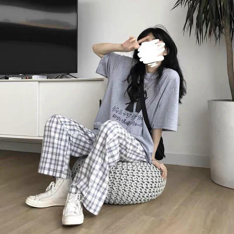 Đồ bộ mặc ở nhà, Set bộ quần kẻ caro kèm áo xám form thụng tay lỡ, set đồ bộ giá rẻ đi học đi chơi
