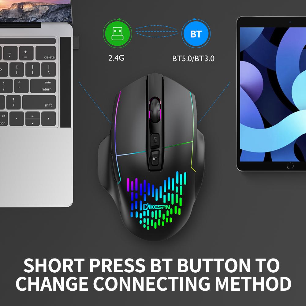 Black Mouse Wireless Mouse Rechargeable Triple-Mode Mouse Breathing Light 3 Adjustable DPI Levels Plug N Play