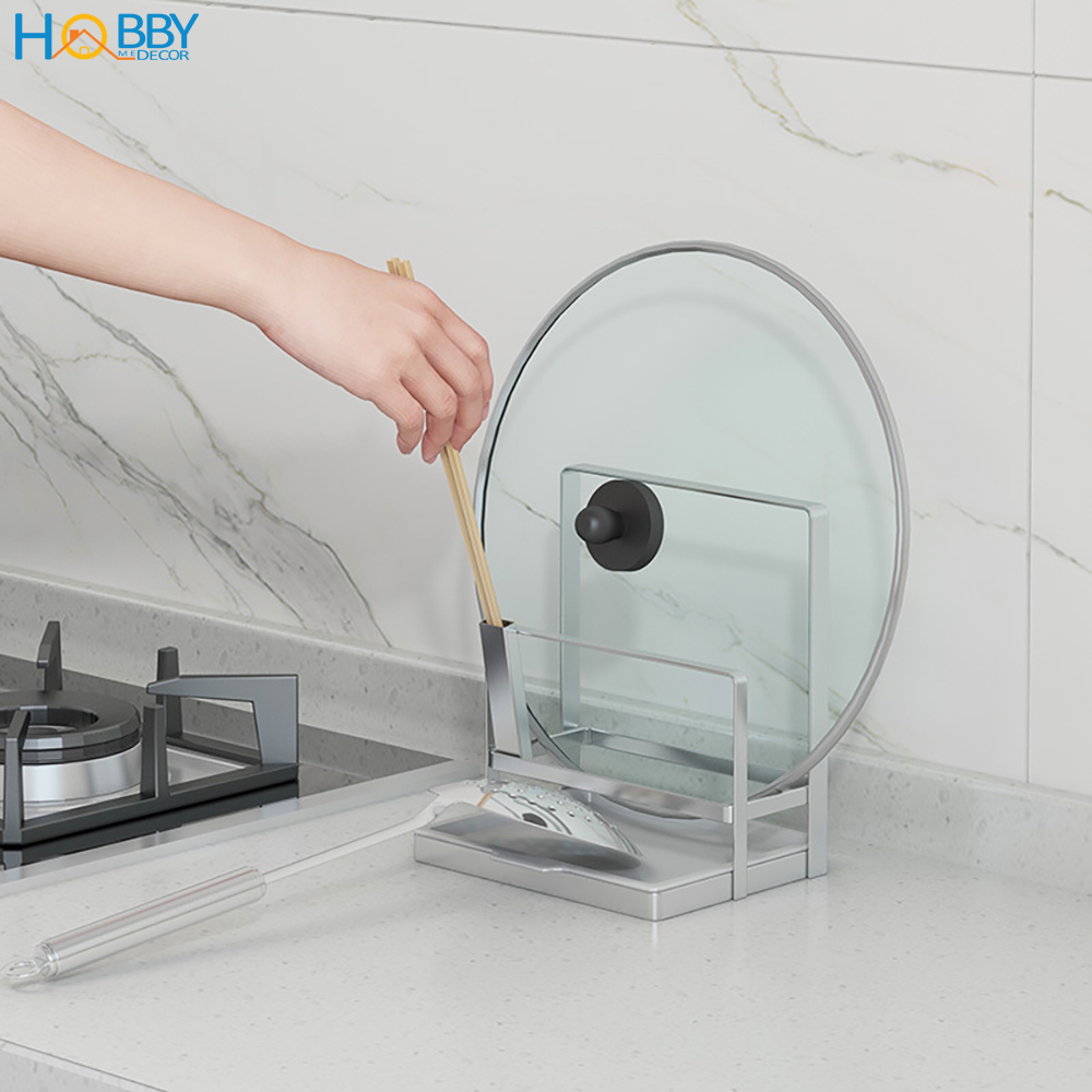 Kệ để nắp vung nồi, đũa muỗng lúc nấu Hobby Home Decor TT09 Inox 304 kèm khay nhựa không rỉ sét