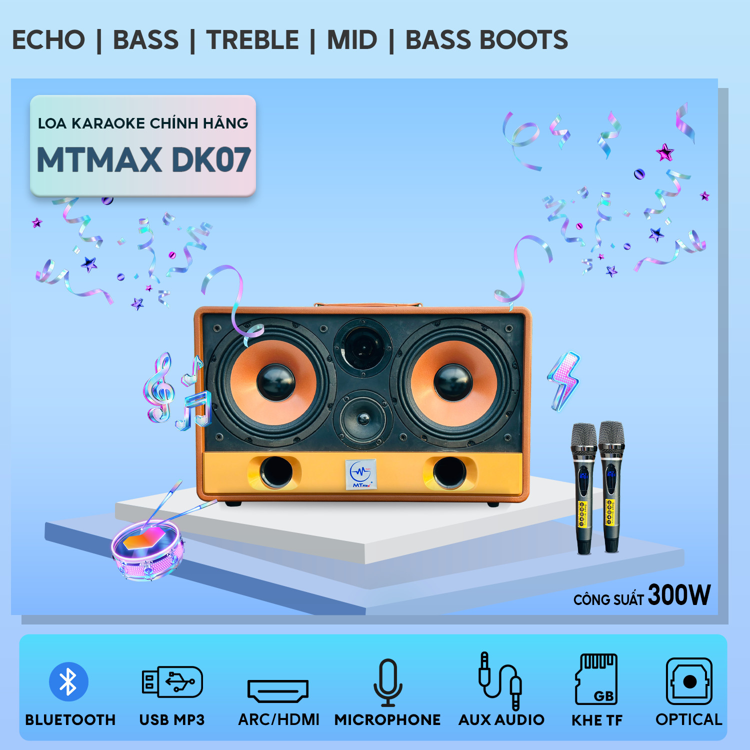 Loa Xách Tay Chính Hãng MTMax DK07 - Loa Karaoke Cao Cấp Công Suất Lớn 300W 2 Bass Trầm 20CM Công Nghệ Bass Boots Kèm 2 Micro Không Dây Giá Tốt Bảo Hành 12 Tháng hàng chính hãng