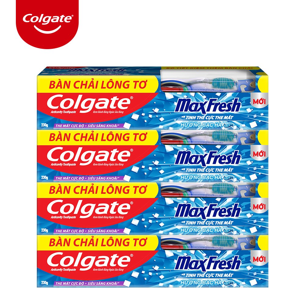 Bộ 4 Kem đánh răng Colgate bạc hà the mát Maxfresh 230g/tuýp tặng bàn chải đánh răng lông mềm