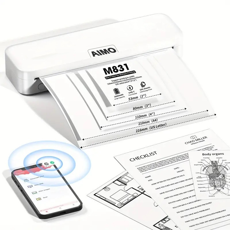 Máy In Tài Liệu Di Động A4 M831 In Trực Tiếp Từ Điện Thoại, Máy Tính Bảng Qua Kết Nối Bluetooth, In Từ PC Qua Kết Nối USB- Hàng chính hãng AIMO